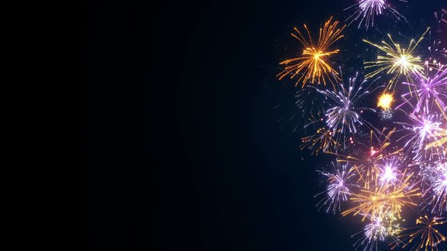 Fireworks on edge and free space. Computer generated abstract holiday seamless loop animation 4k (4096x2304)
