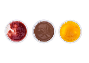 Mango strawberry and chocolate yogurt dessert
