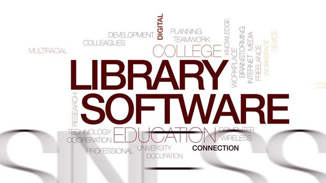 Library software animated word cloud, text design animation. Kinetic typography.