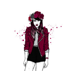 Beautiful girl in a flower wreath, jacket and shorts. Vector illustration. Fashion & Style. Slender girl with long hair in stylish clothes and accessories.