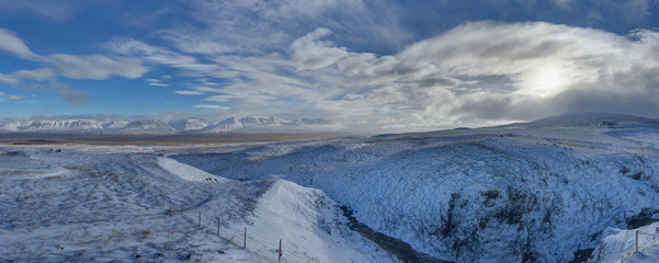 Panorama view with Winter in the mountains. Christmas landscape