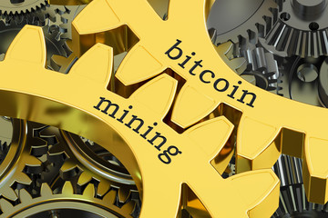 Bitcoin Mining concept on the gearwheels, 3D rendering
