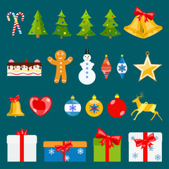 Set of Christmas symbols in flat style on blue background