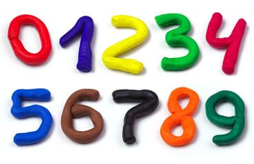 Colorful plasticine numbers set isolated on a white background. Hand made modeling clay