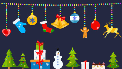 Naklejka premium Set of Christmas symbols and warm winter clothes in flat style hanging on ropes of colored balls and standing on the ground
