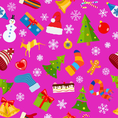 Seamless pattern of Christmas symbols and warm winter clothes in flat style on purple background
