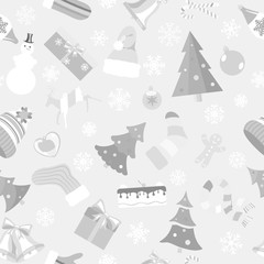 Fototapeta na wymiar Seamless pattern of Christmas symbols and warm winter clothes in flat style in gray colors on white background