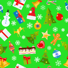 Seamless pattern of Christmas symbols in flat style on green background