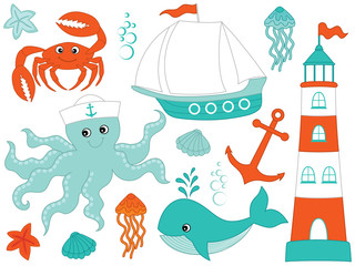 Vector Set with Marine Animals and Objects