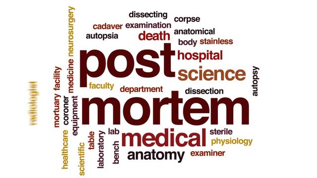 Post mortem animated word cloud, text design animation.