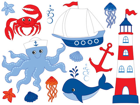 Vector Set with Marine Animals and Objects