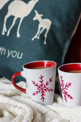 Cup of hot chocolate. Comfortable winter weekend or holidays at home