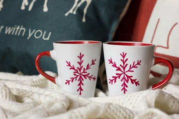 Cup of hot chocolate. Comfortable winter weekend or holidays at home