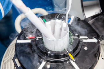 Liquid nitrogen cryogenic tank at life sciences laboratory - obrazy, fototapety, plakaty