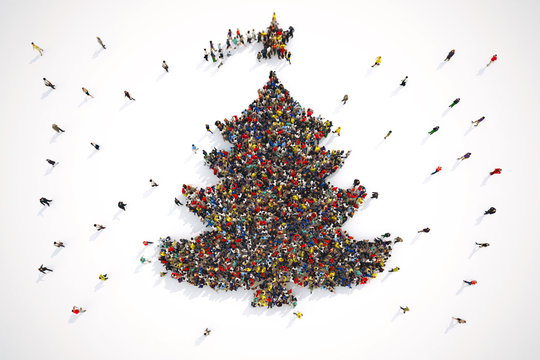 People Form The Shape Of A Christmas Tree. 3D Rendering