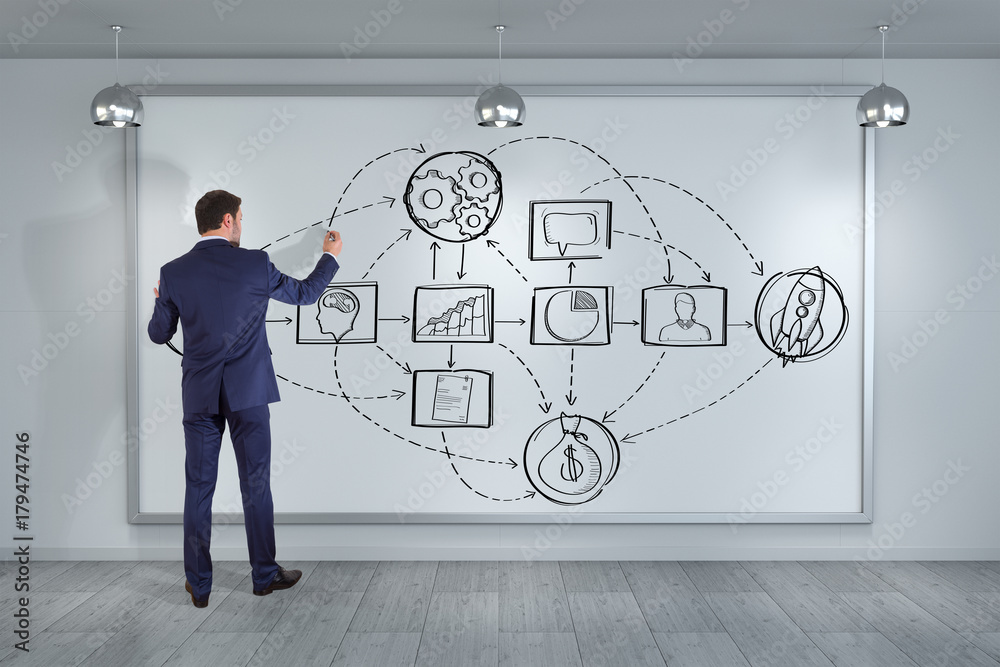 Poster Businessman drawing a project sketch on a board 3D rendering