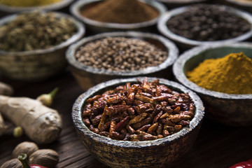 Assortment of spices in wooden bowl background 