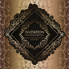 Abstract background with calligraphic luxury gold flourishes and vintage frame, victorian banner,wallpaper ornaments, invitation card, baroque style booklet, fashion pattern, template for design.