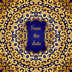 Rich gold invitation card in the Indian style. Bohemian Cards with mandalas. Royal blue and cold ornament . Unique template for design or backdrop