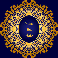 Rich gold invitation card in the Indian style. Bohemian Cards with mandalas. Royal blue and cold ornament . Unique template for design or backdrop