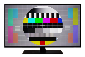 No Signal TV Test. Lcd Monitor. Flat Screen TV. Television Colored Bars Signal. SMPTE bars monoscope 
