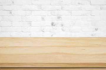 Naklejka na ściany i meble Empty wooden table over white brick wall, vintage, background, banner, template, product display montage