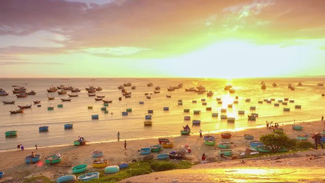 4k timelapse Fishing village at sunset with local boat , Mui Ne, Vietnam, Southeast Asia