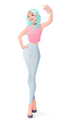 Pretty young woman taking selfie photo. Isolated vector illustration.