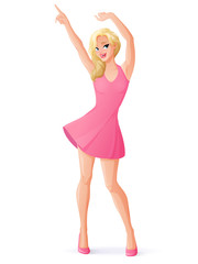 Beautiful dancing woman in pink dress. Isolated vector illustration.