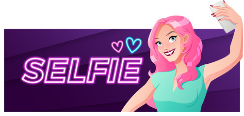 Pretty young woman taking selfie photo. Vector banner.