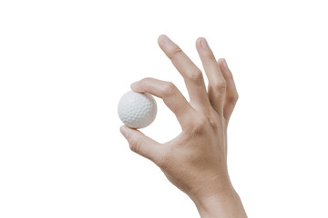 Close up hand holding golf ball on white background. File contains a clipping path.