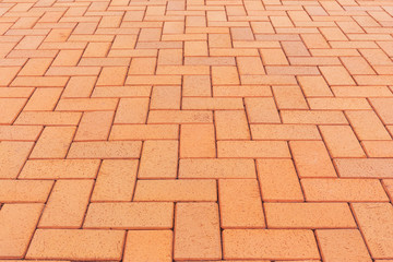 Paver brick floor also call brick paving, paving stone or block paving. Manufactured from concrete or stone for road, path, driveway and patio. Empty floor in perspective view for texture background.