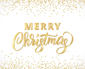 Merry Christmas card with hand written lettering. Golden glitter border, falling confetti on white.