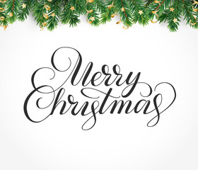 Fototapeta premium Merry Christmas hand written lettering. Winter holiday background. Fiesta border with fir tree branches and ornaments.