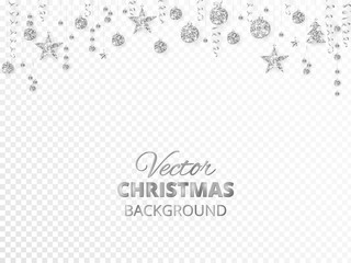 Sparkling Christmas glitter ornaments. Silver fiesta border. Festive garland with hanging balls and ribbons isolated on transparent background.