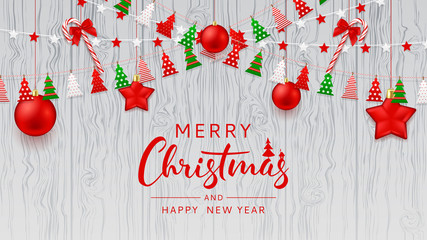 Fototapeta premium Merry Christmas Web Banner Template. Festive Decoration with Color Garlands, Xmas Balls and Candy Canes. Happy New Year Beautiful Card. Vector Illustration.