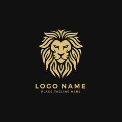 King Lion Head Logo Template, Strong Glare Lion Face. Golden Elegant Design Badge, Sticker, Icon, Emblem, Brand Identity