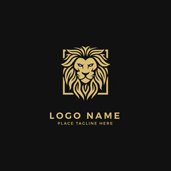 King Lion Head Logo Template, Strong Glare Lion Face. Golden Elegant Design Badge, Sticker, Icon, Emblem, Brand Identity with Rotated Square Diamond Frame