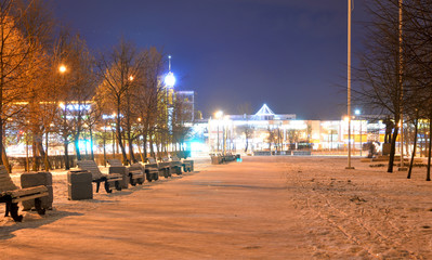 Alley Glory of Firefighters in Microdistrict Ribatskoe at night.