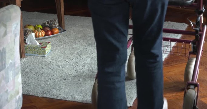 elderly lady walking across the carpet down the living room, using a rollator walker