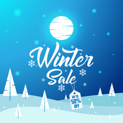 Fototapeta na wymiar Winter Sale Up to 50% OFF - Beautiful Winter Landscape, Flat, New Year, Vector Illustration