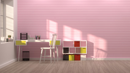 education concept interior colurful decoration 3D rendering books on the desk in front of pink wall with sunlight simple interior design