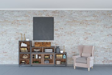 Slate mock up pattern in loft interior with vintage furniture