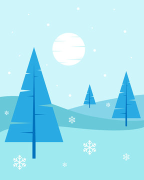 Winter Landscape - Flat, New Year, Vector Illustration