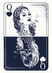 Queen playing card tattoo and t-shirt design. Beautiful girl and skeleton, Gothic playing card. Symbol of gamblings, tarot cards, success and defeat, casino, poker