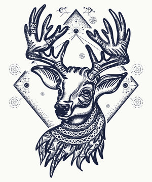 Deer tattoo and t-shirt design. Christmas reindeer. Symbol of winter, new year, Christmas. Beautiful reindeer portrait tattoo art
