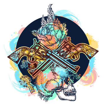 Skull, crossed guns, rose, color tattoo art. Human skull and revolvers t-shirt design. Symbol of the wild west, robber, crime. water color splashes tattoo