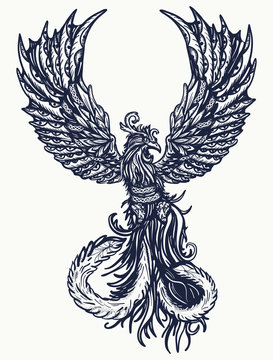 Magic heat birds tattoo and t-shirt design. Symbol of revival, regeneration, life and death. Phoenix bird tattoo