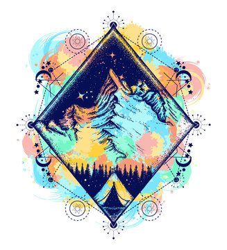 Camping color tattoo and t-shirt design. Symbol of tourism, travel, adventures, meditation, climbing, camping, great outdoors, water color splashes. Tent in the mountains t-shirt design