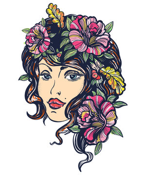 Autumn nature woman old school color tattoo. Art nouveau fall woman t-shirt design. Symbol of queen, princess, lady, elegance, glamour girl. Beautiful vintage art nouveau woman color tattoo